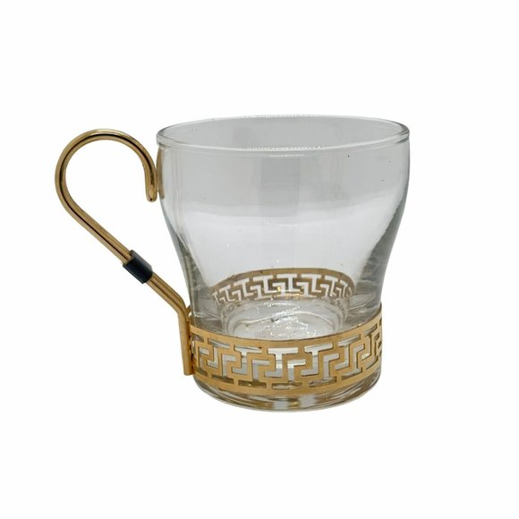1PC Vintage Libbey Glass Continental Coffee Tea Cups Mugs Gold Metal Greek Key - Picture 1 of 6